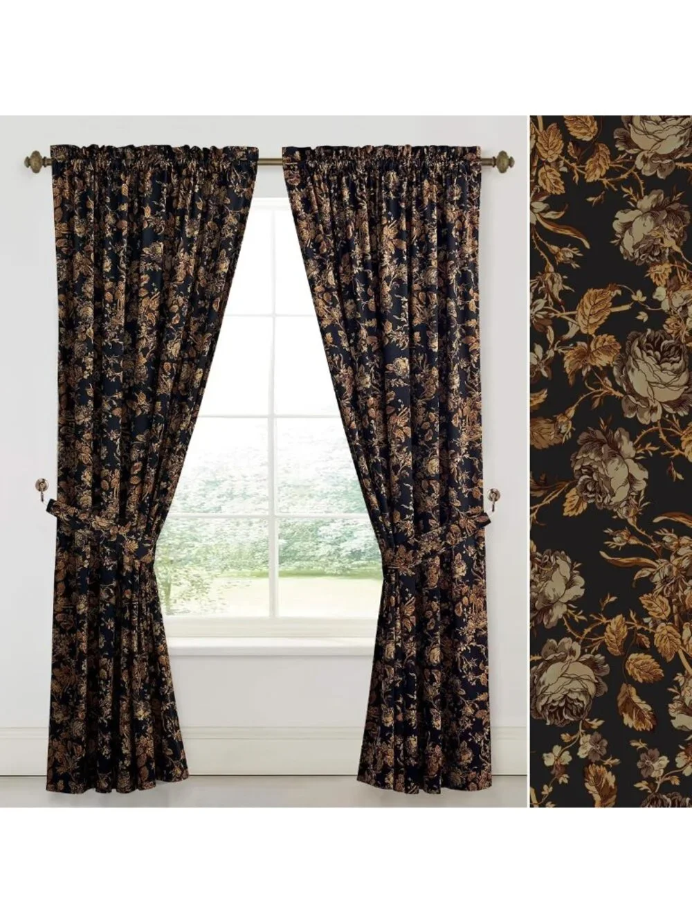 Soft Velvet Retro Gold Floral Curtains, 2 Panels, W52 x L84, Elegant Drapes